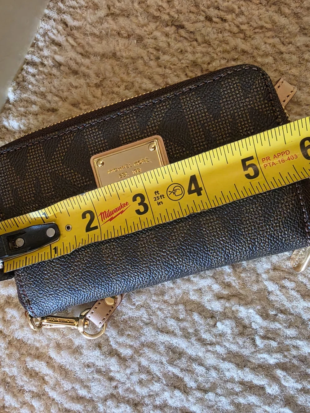 MICHAEL KORS Dark Brown Logo Zip Wristlet with Gold Interior